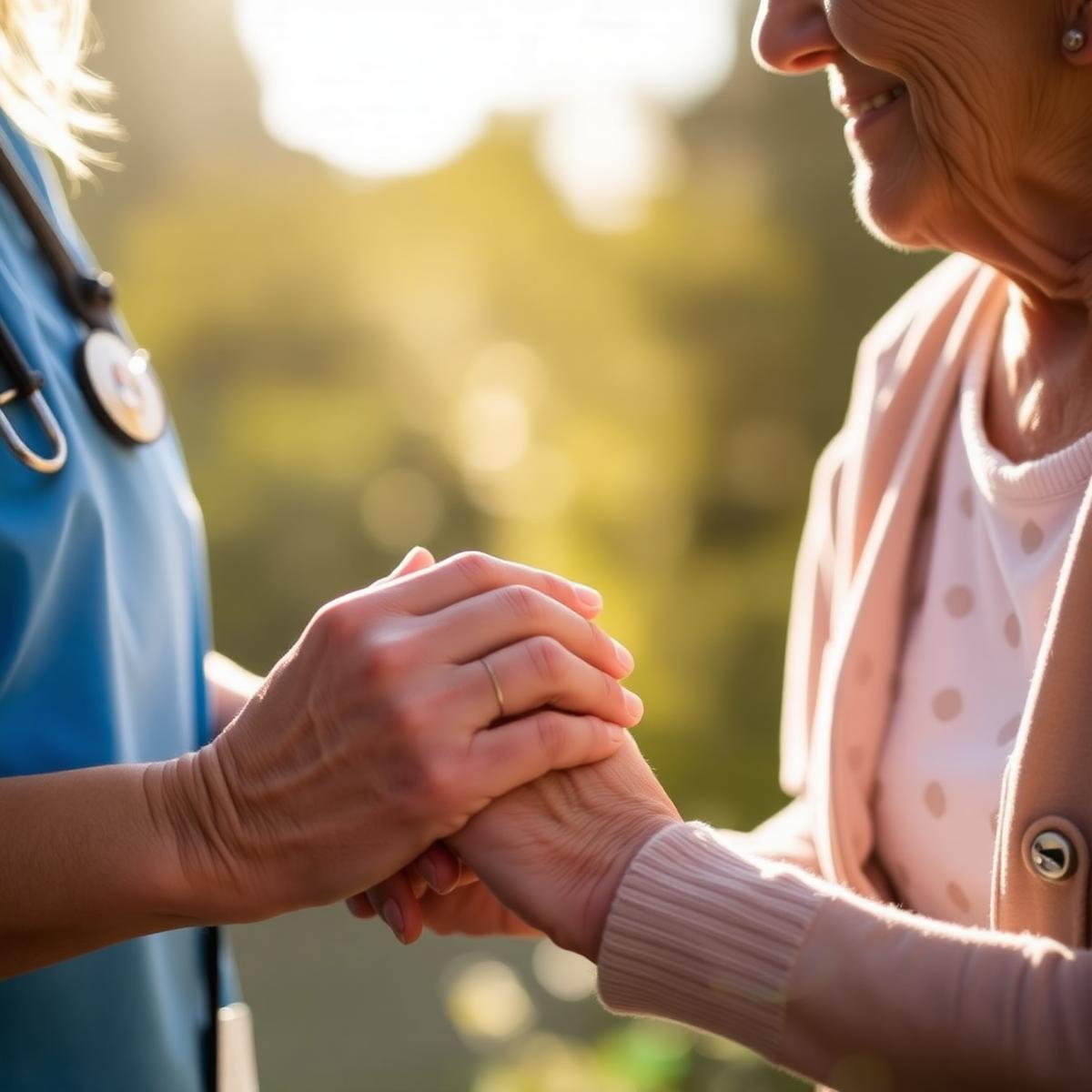 Caregiver holding hands with an elderly client