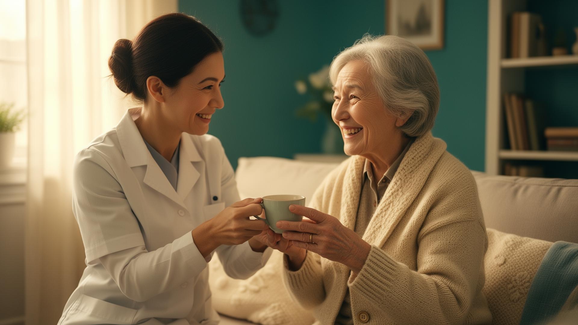 Caregiver sharing a warm moment with an elderly client at home